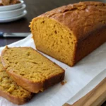 A close-up shot of a thick slice of moist sourdough pumpkin bread, showing the tender crumb. The rest of the loaf is in the background.