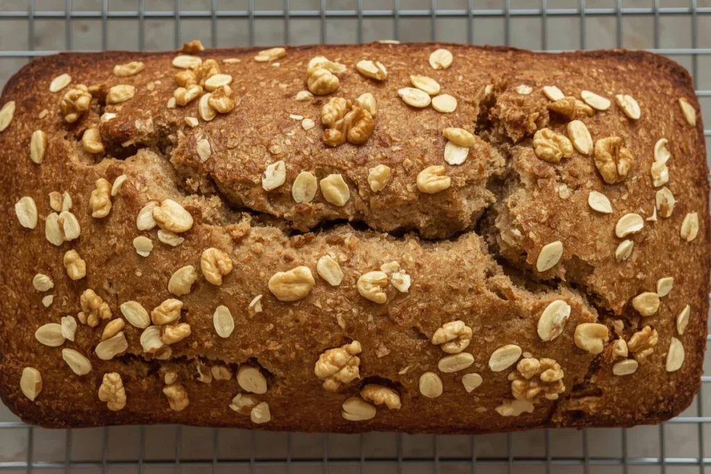 Top view of a freshly baked 4 ingredient banana bread with oats, featuring a signature crack and crunchy walnuts.