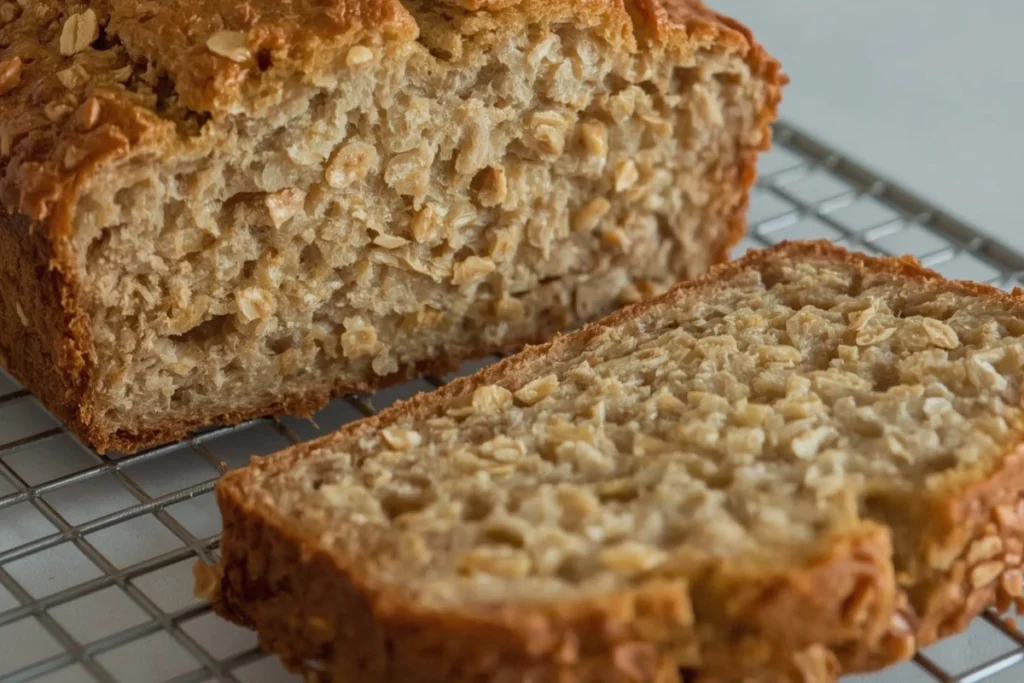 Close-up of sliced 4 ingredient banana bread with oats showing its moist, tender interior, perfect for a healthy snack.