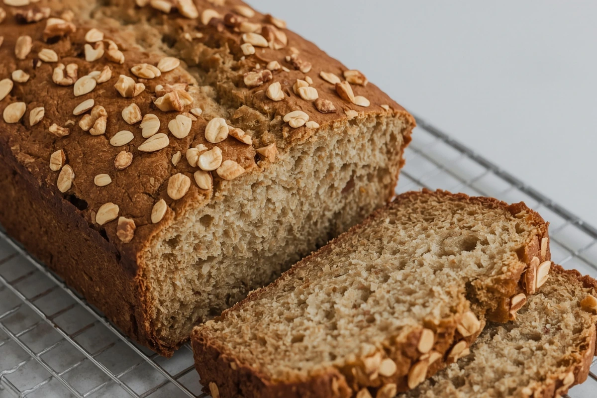 Delicious 4 ingredient banana bread with oats, freshly baked and sliced, revealing its moist texture with walnuts on top.