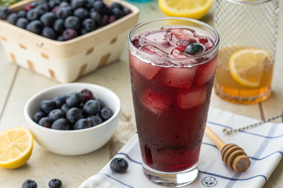 Refreshing blueberry lemonade punch in a tall glass with ice and a lemon slice, surrounded by fresh blueberries.