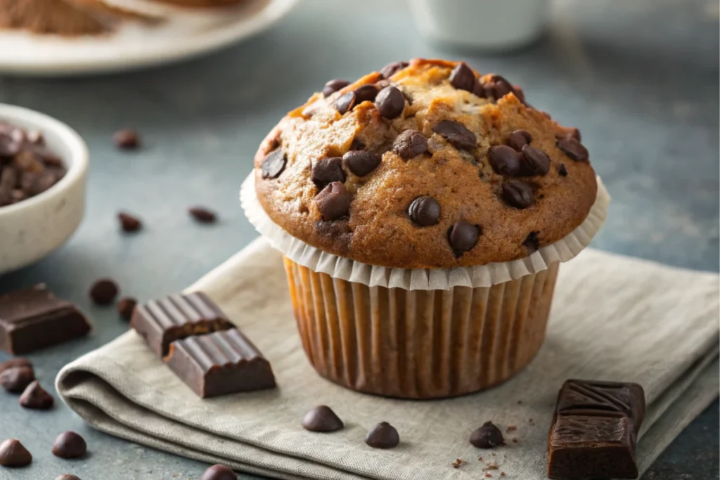 Close-up of two delicious chocolate chip muffins stacked on a wooden surface.
Title: Perfectly Stacked Muffins