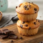 Stacked chocolate chip muffins on a wooden board, showcasing golden brown tops and melted chocolate chips.