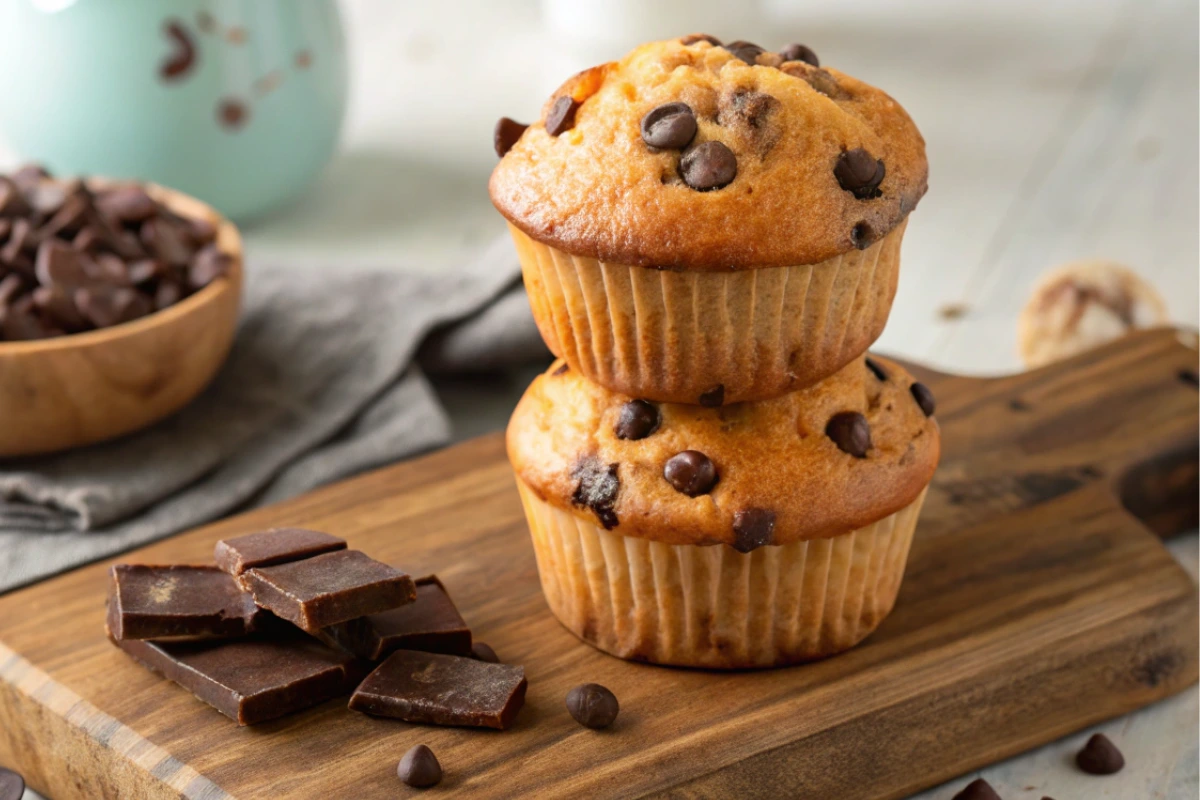 Stacked chocolate chip muffins on a wooden board, showcasing golden brown tops and melted chocolate chips.