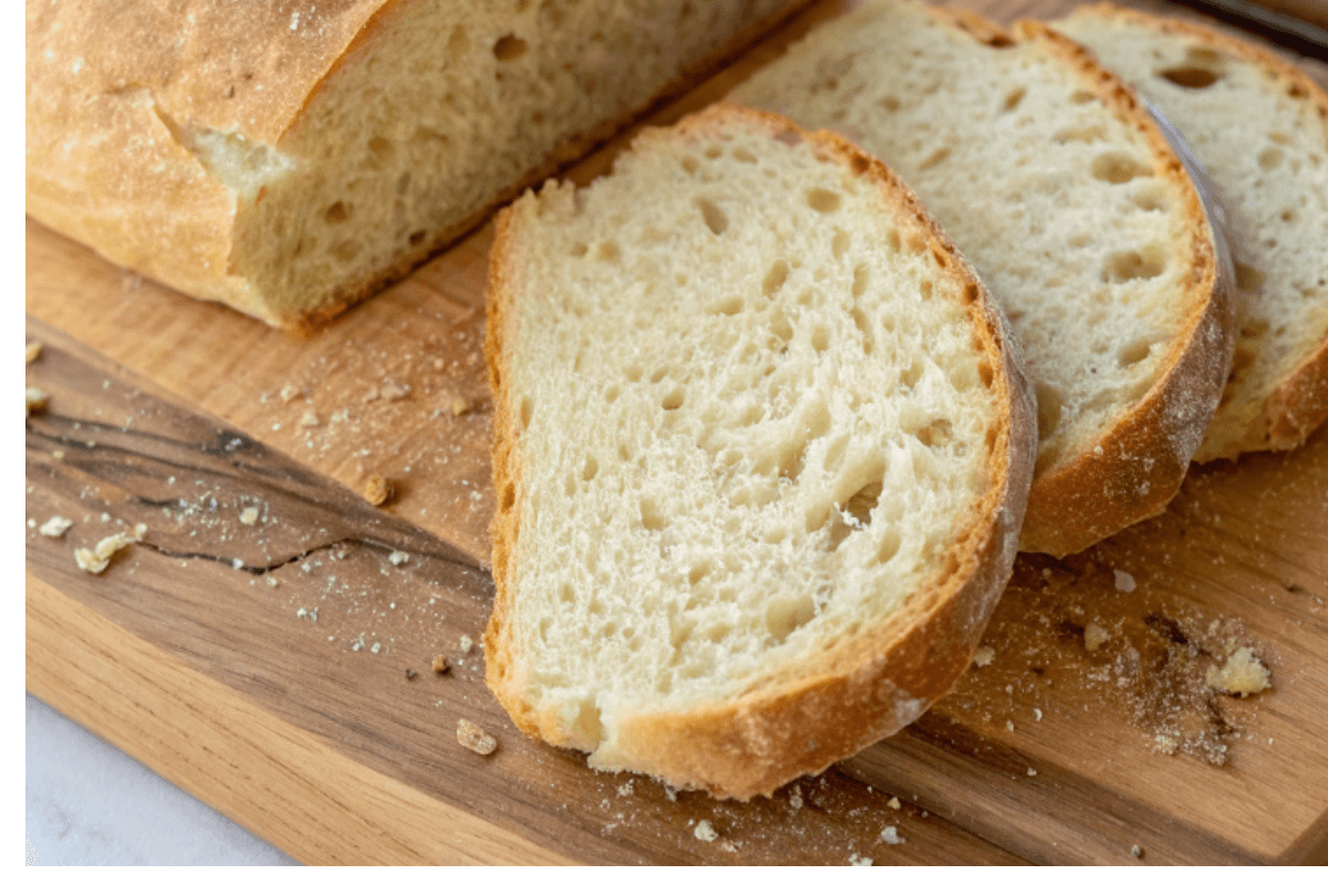Delicious, freshly sliced Peasant-Style No-Knead Bread loaf on a wooden cutting board, showing its airy crumb.