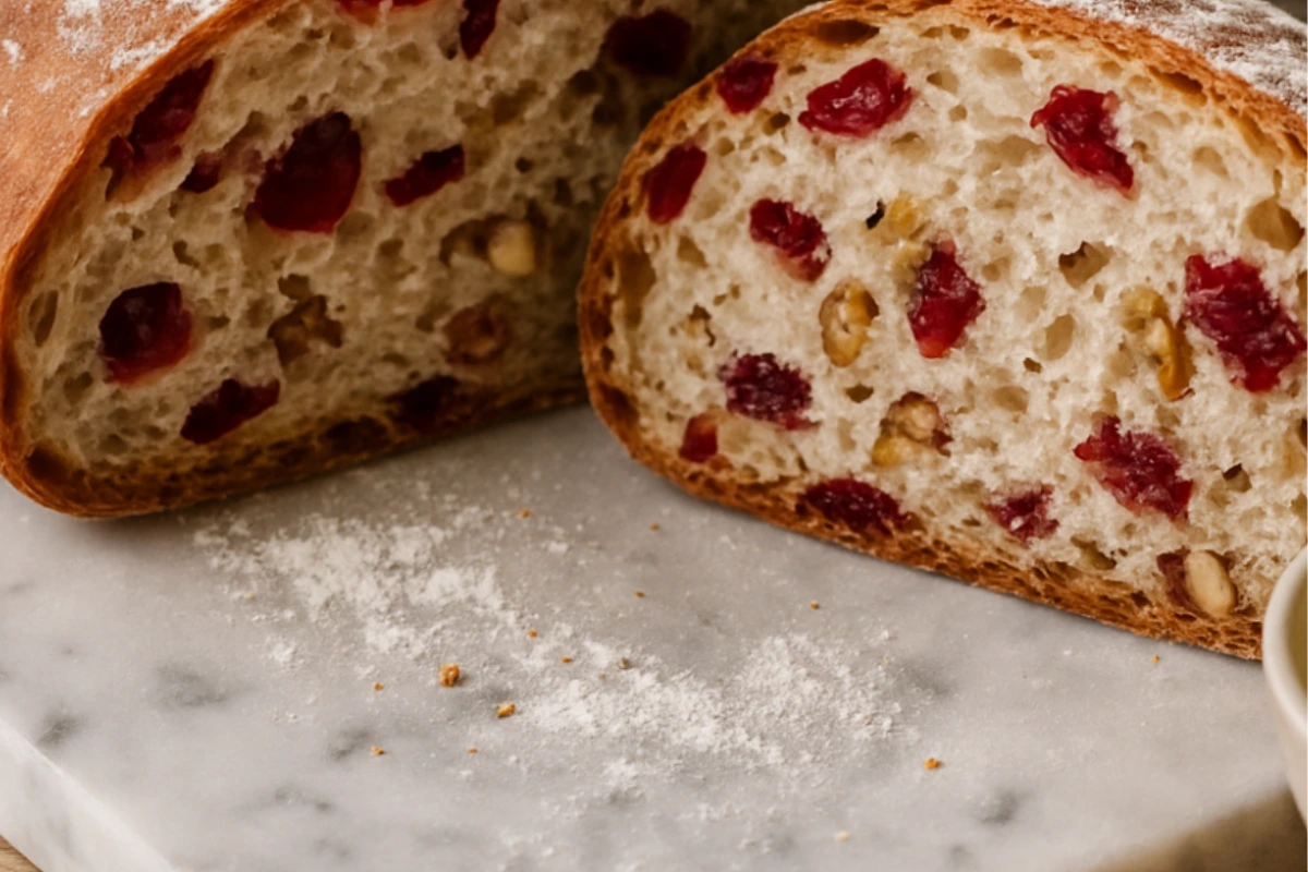 Whole cranberry nut bread loaf sliced open, revealing a fluffy interior with nuts and cranberries