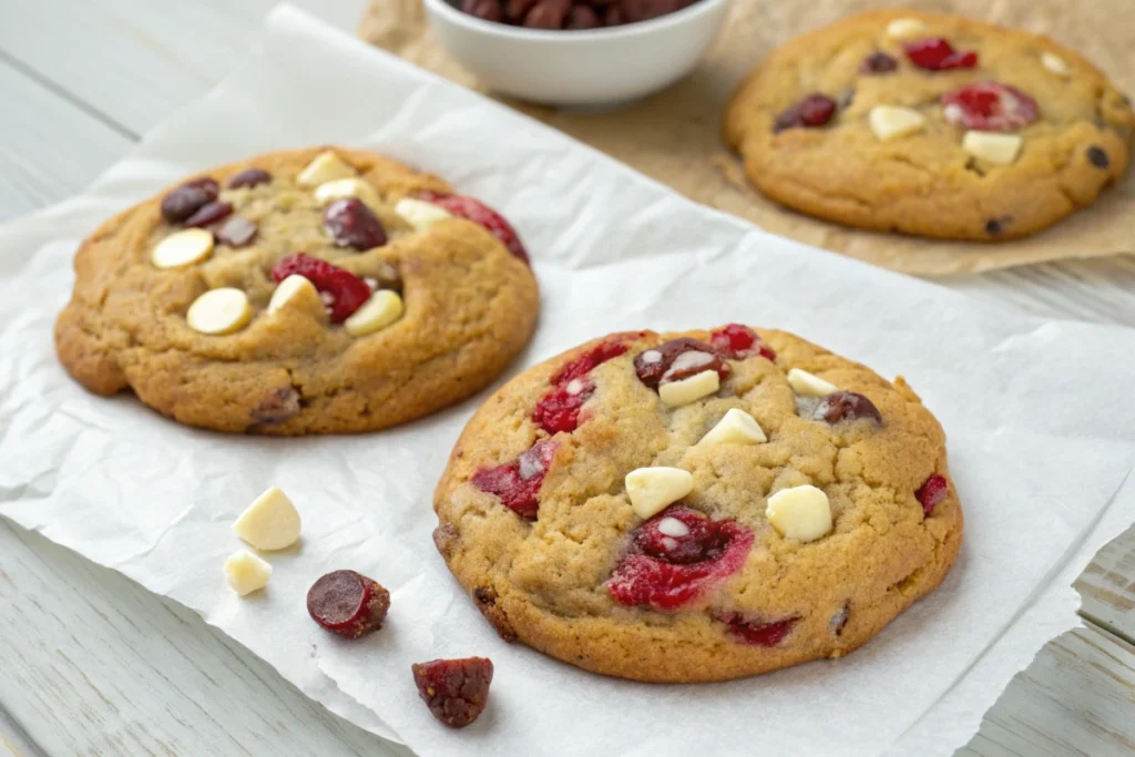 A delicious white chocolate raspberry cookie showing its vibrant berry and chocolate inclusions on parchment.