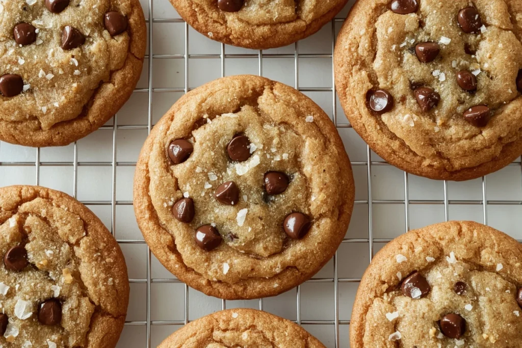 Several golden brown caramel chocolate chip cookies with chocolate chips and sea salt on parchment paper.