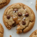 A close-up of a perfectly broken caramel chocolate chip cookie revealing its gooey melted caramel center and chocolate chips.