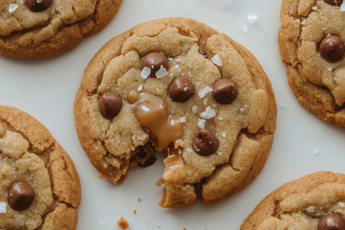 A close-up of a perfectly broken caramel chocolate chip cookie revealing its gooey melted caramel center and chocolate chips.