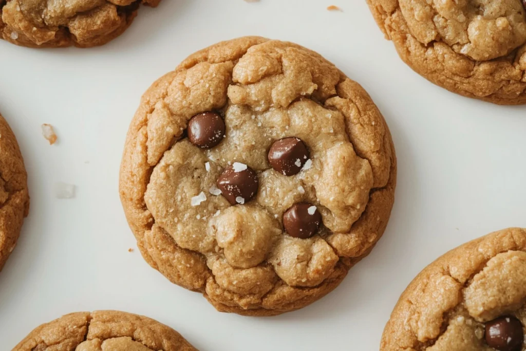 A whole golden brown caramel chocolate chip cookie, perfectly round and sprinkled with sea salt, on a white surface.