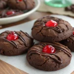 A delicious pile of rich chocolate and cherry cookies with vibrant red maraschino cherries and chocolate drizzles on a white plate.