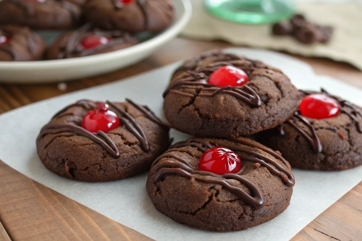 A delicious pile of rich chocolate and cherry cookies with vibrant red maraschino cherries and chocolate drizzles on a white plate.