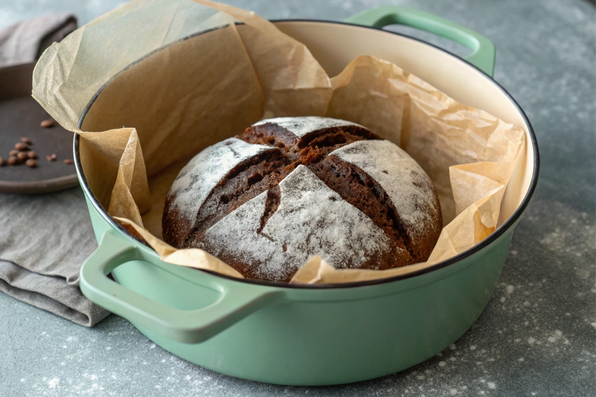 A beautiful round loaf of chocolate sourdough bread, freshly baked and dusted with flour, in a teal Dutch oven.