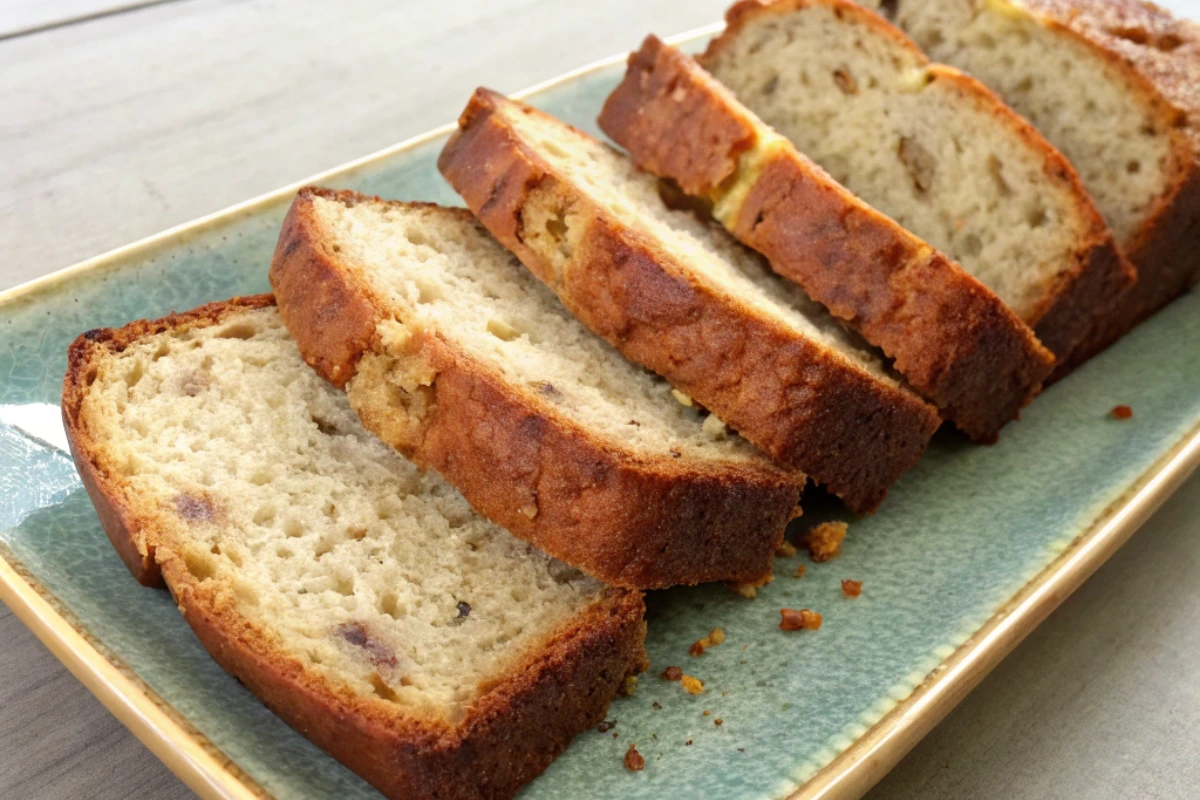 Moist slices of cottage cheese banana bread stacked neatly on a ceramic plate.