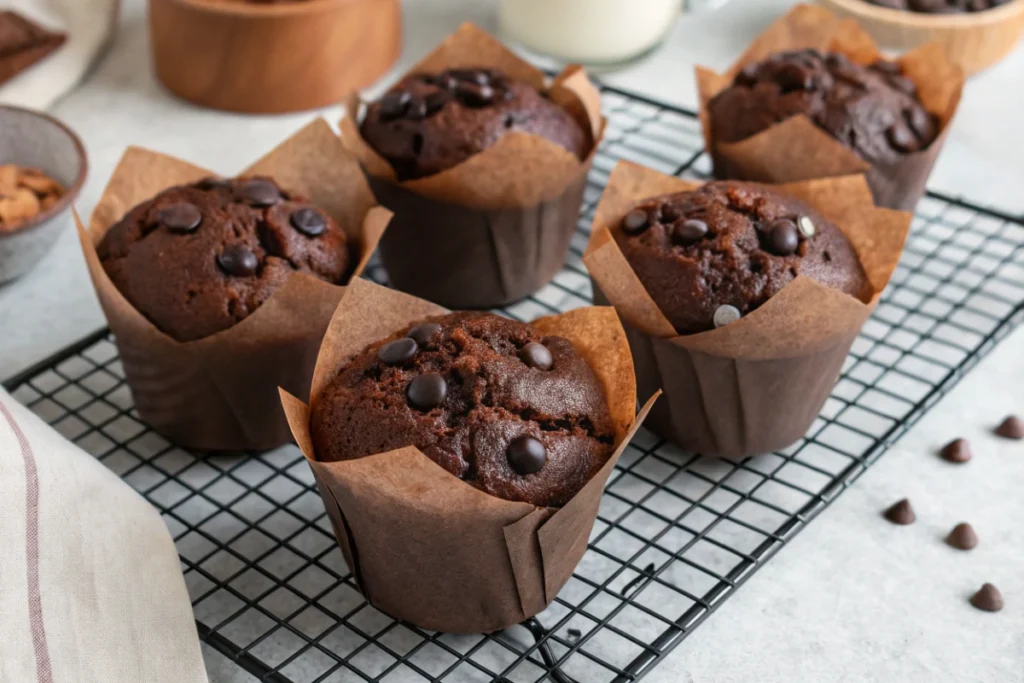 A batch of freshly baked muffins from our double chocolate chip muffin recipe, cooling together on a wire rack.
