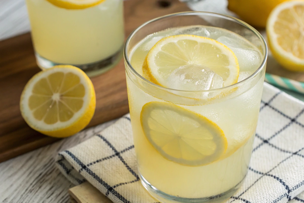 Close-up of a glass of healthy lemonade with lemon slices, served on a bright white background with natural lighting.