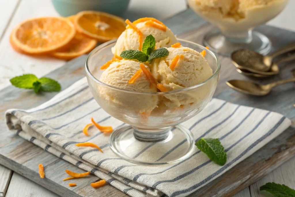 Detailed close-up of creamy orange creamsicle ice cream