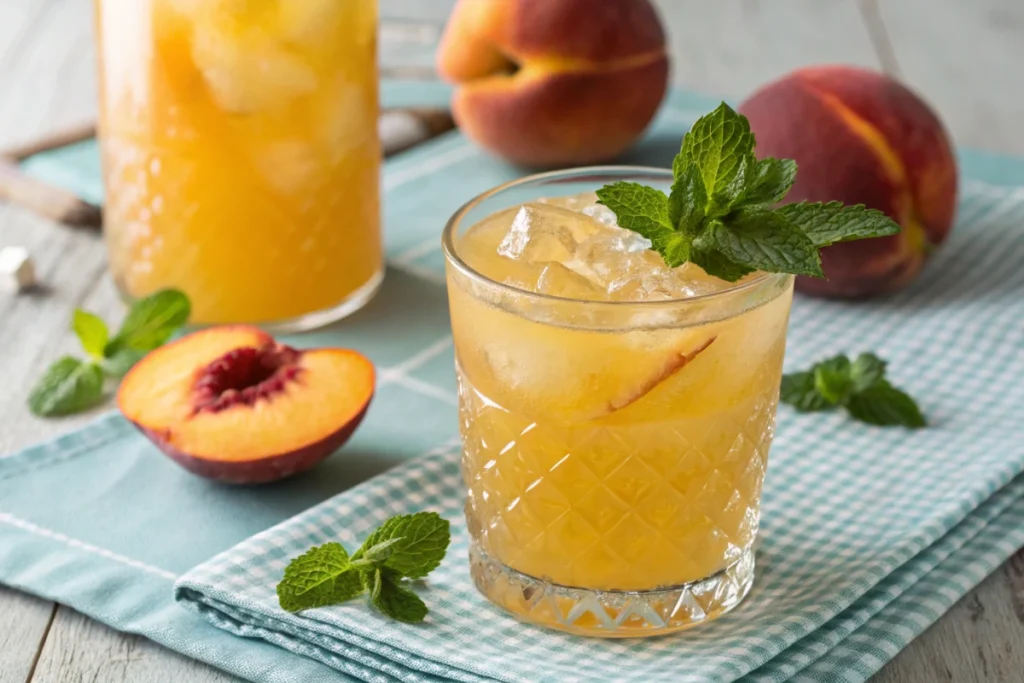 A short glass of delicious peach drink, garnished with a peach slice and mint, from our peach drink recipes.
Title: Short Glass of Sweet Peach Drink with Garnish