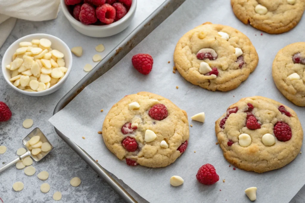 White chocolate raspberry cookies arranged on parchment, showcasing golden edges and tart raspberry swirls.