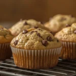 Golden zucchini chocolate chip muffins cooling on a rack, rich with melted chocolate and a moist, fluffy texture.