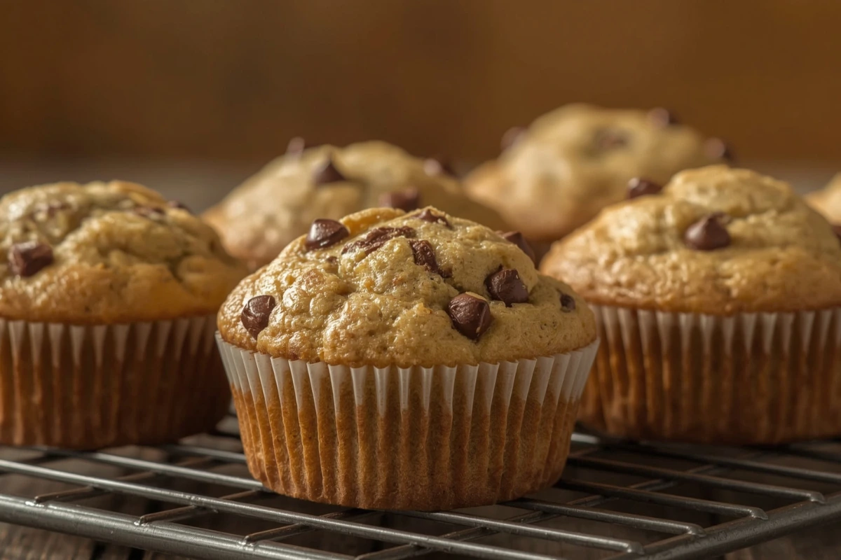 Golden zucchini chocolate chip muffins cooling on a rack, rich with melted chocolate and a moist, fluffy texture.