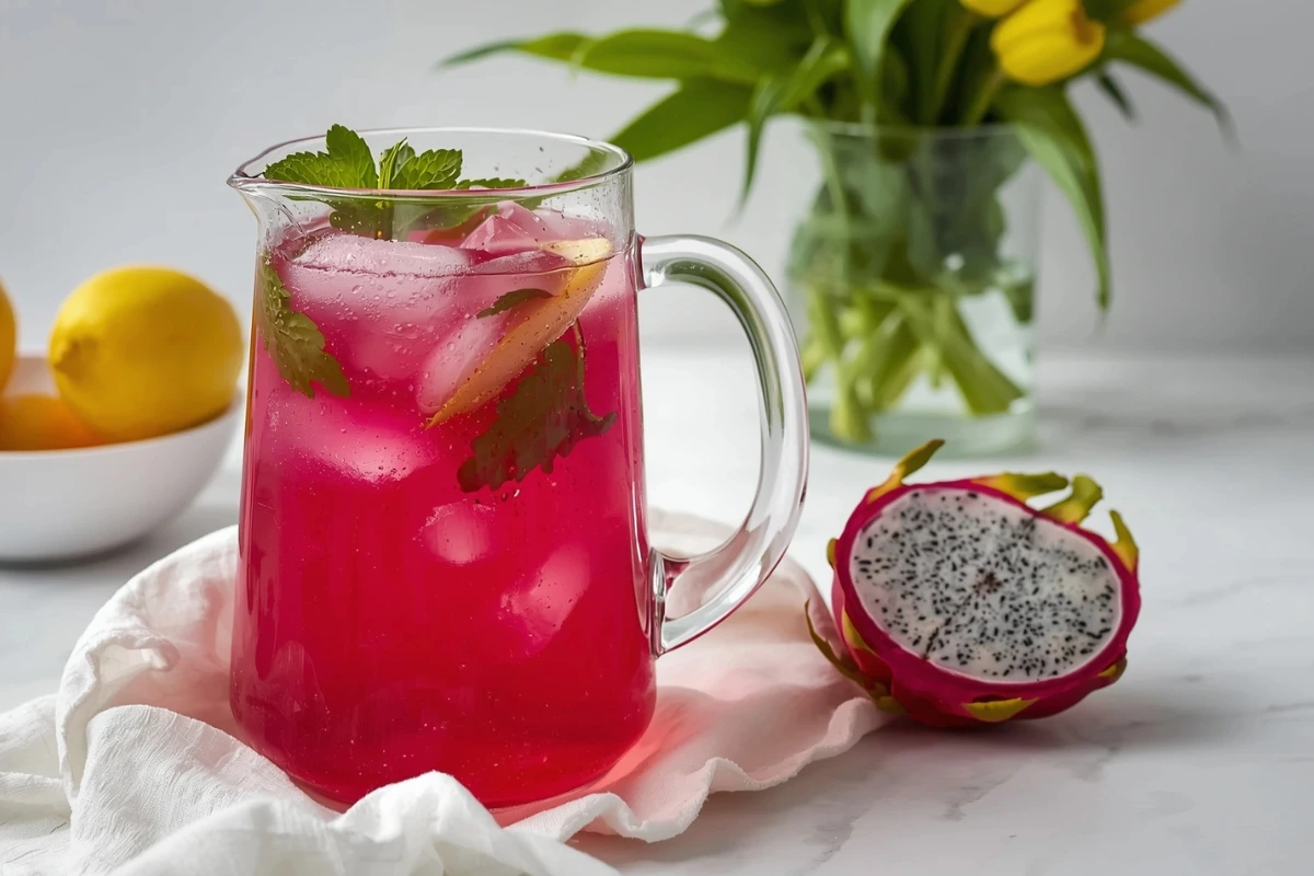 Close-up of dragon fruit lemonade drink with lemon slices and ice in a clear glass