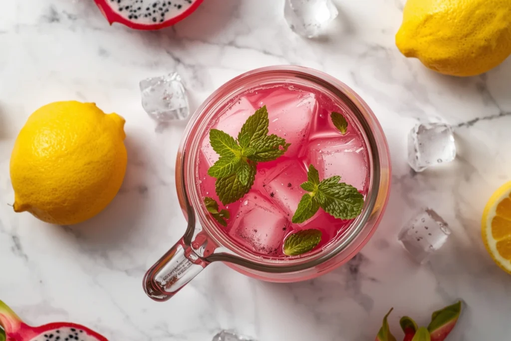 Pitcher of dragon fruit lemonade with lemons and mint on a kitchen counter