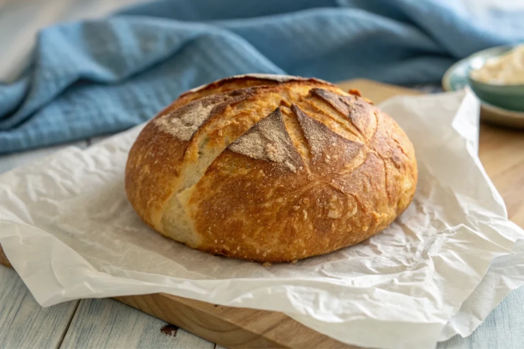 Golden, crusty croissant sourdough bread loaf on parchment paper, freshly baked and ready to eat.