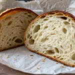 Two hands hold a sliced croissant sourdough bread loaf, revealing its airy, open crumb and flaky texture.