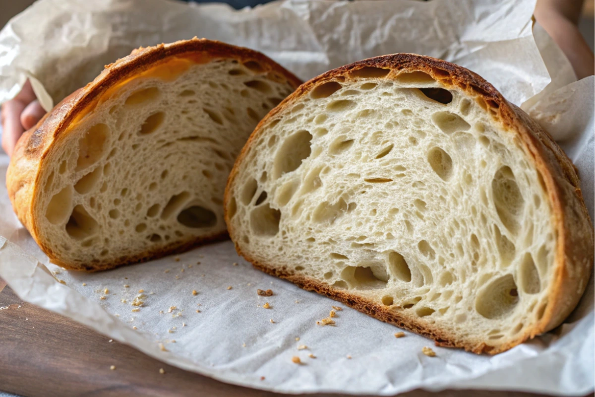 Two hands hold a sliced croissant sourdough bread loaf, revealing its airy, open crumb and flaky texture.