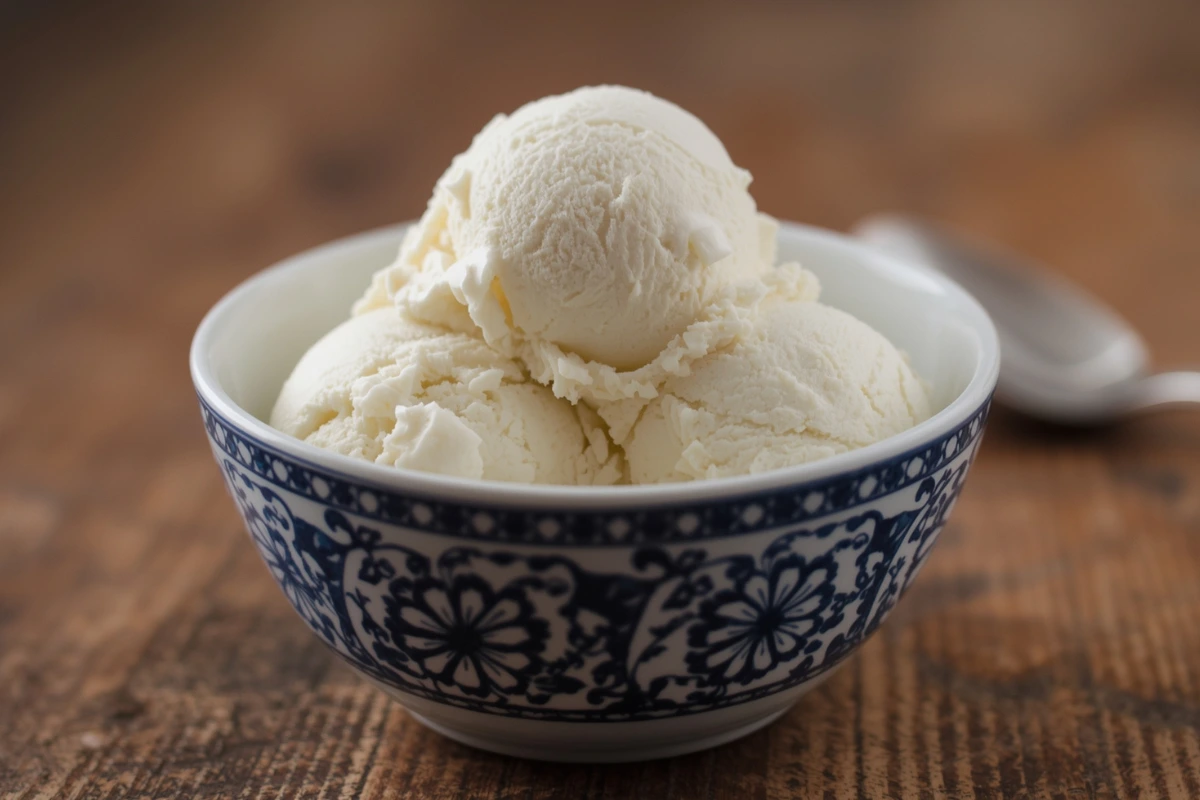 Three scoops of creamy homemade coconut ice cream in a blue bowl, showcasing its smooth, delicious texture.