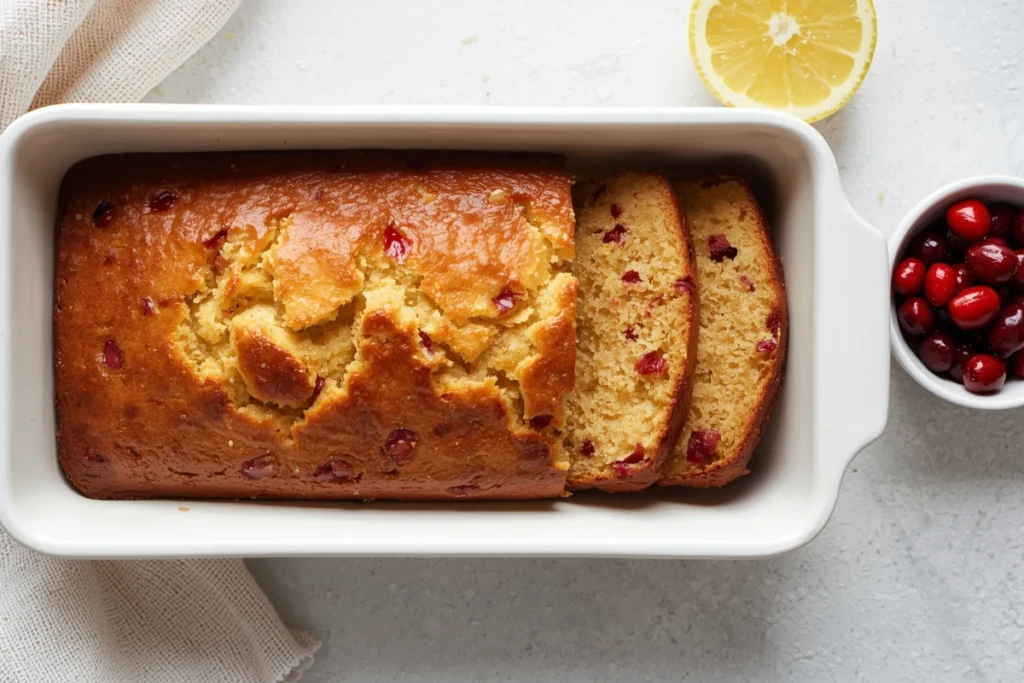 Overhead view of a golden lemon cranberry bread loaf in a pan, with cranberries visible on top.