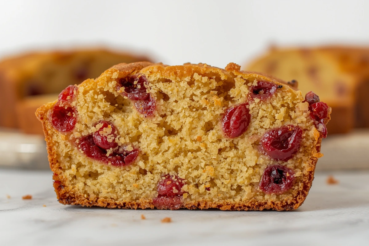Close-up of a slice of moist lemon cranberry bread, showcasing the tender crumb and juicy cranberries.