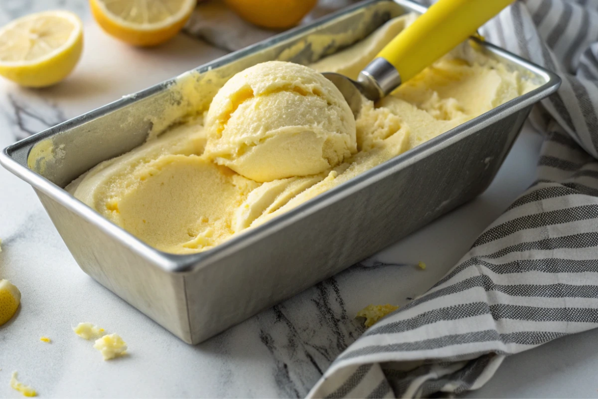 Delicious homemade lemon ice cream in a metal pan with a scoop, perfect for a refreshing treat.
