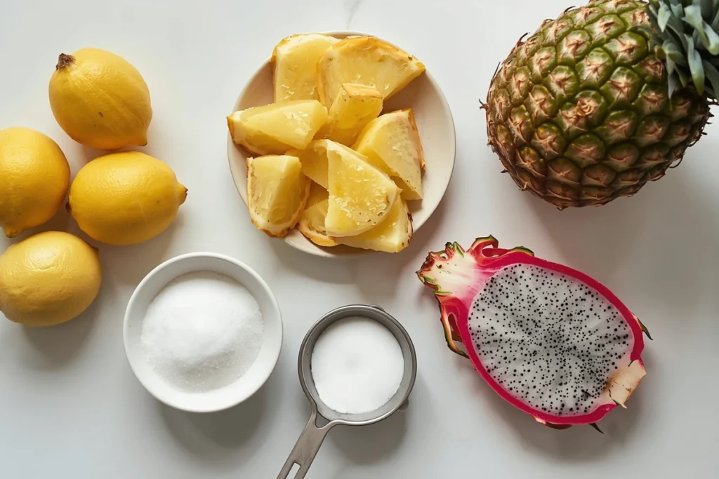 Fresh ingredients for homemade pineapple dragonfruit lemonade: lemons, pineapple, dragonfruit, sugar.