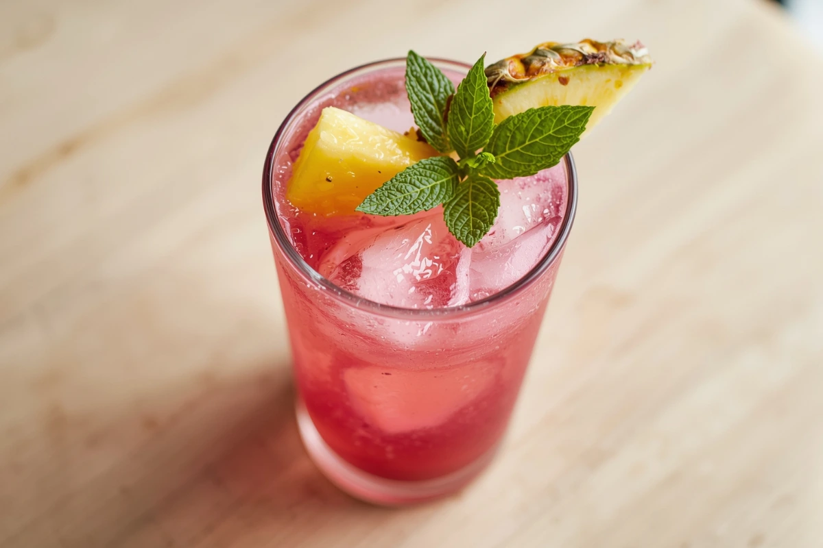Vibrant pineapple dragonfruit lemonade in a glass with fruit garnishes and ice, ready to enjoy.