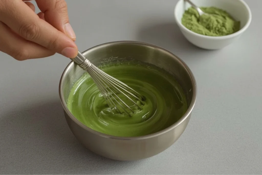 Hand stirring vibrant green matcha powder mixed with water in a metal bowl for the matcha lemonade recipe.