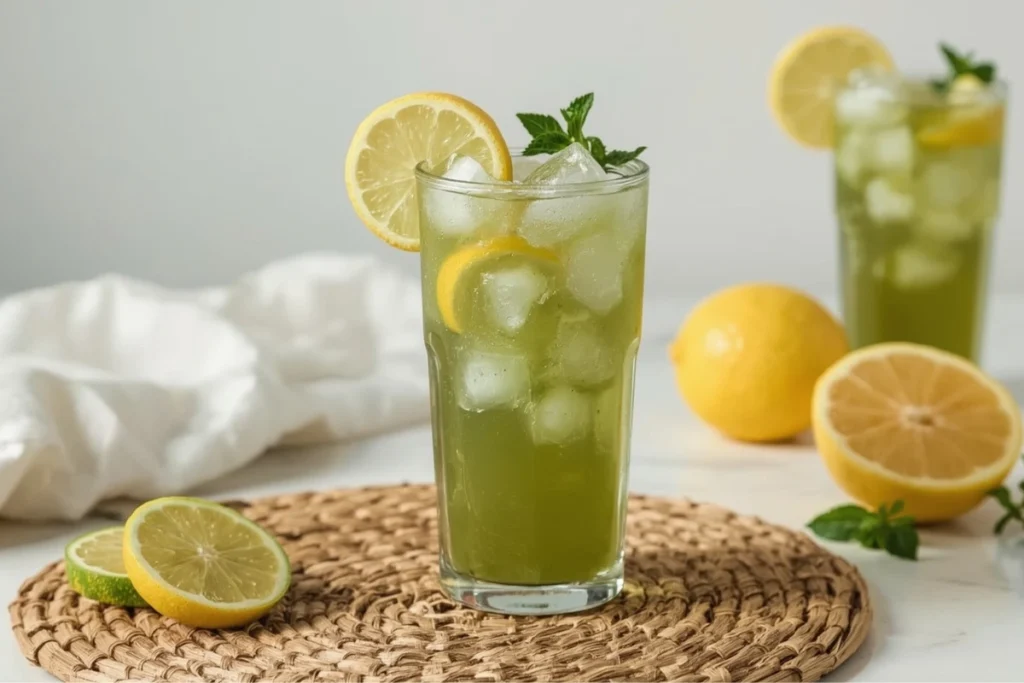 Two glasses of refreshing iced matcha lemonade with lemon slices and ice, perfect for sharing the recipe.
