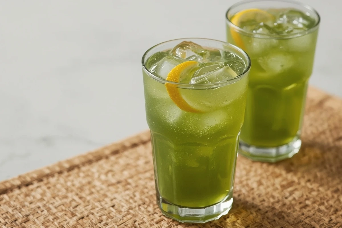 Iced matcha lemonade recipe in a tall glass with a lemon slice and ice. Refreshing green drink ready to enjoy.