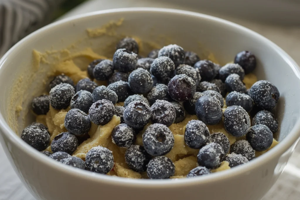 White bowl with creamy banana bread batter topped generously with flour-dusted blueberries.