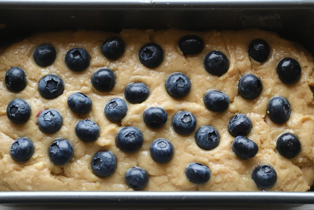 Unbaked blueberry banana bread batter in a metal loaf pan with fresh blueberries on top.