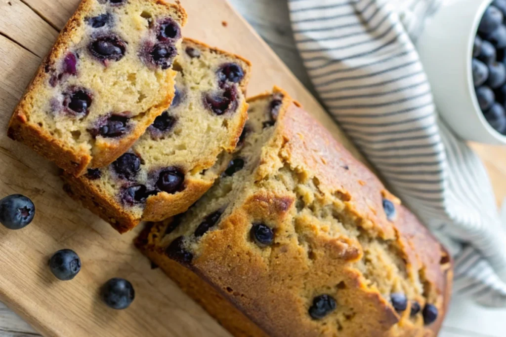 moist blueberry banana bread slices with visible blueberries