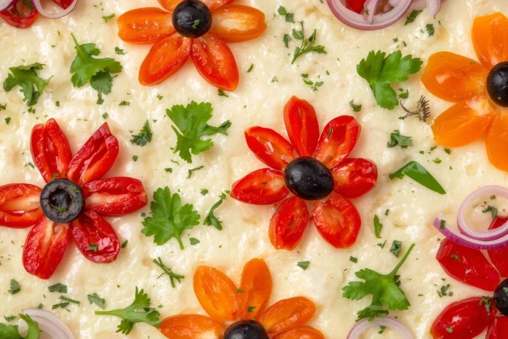 Close-up of unbaked Focaccia Art Bread dough adorned with bell pepper flowers, tomato roses, and fresh parsley.
