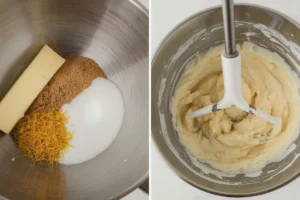 Top: Lemon ricotta cake ingredients in a mixer bowl. Bottom: Creamed butter, sugar, zest.