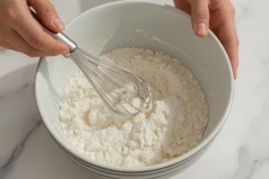 Hand whisking dry ingredients in a bowl for lemon ricotta cake batter.