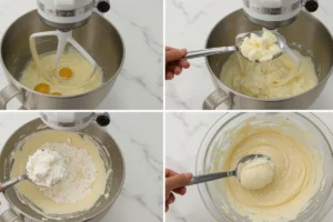 Step-by-step collage of mixing eggs, ricotta, and flour into lemon ricotta cake batter.
