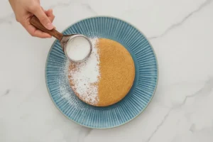 Hand sifting powdered sugar over a baked lemon ricotta cake on a blue platter.