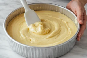 Hand smoothing lemon ricotta cake batter evenly in a round silver cake pan.