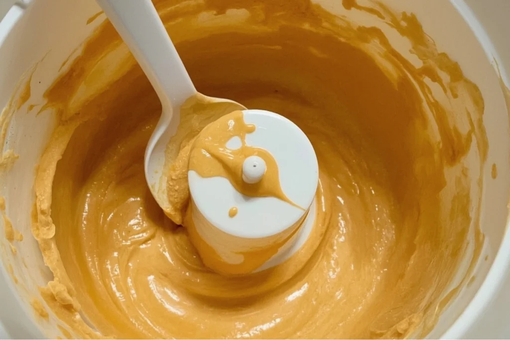 Healthy pumpkin ice cream being actively churned in a home ice cream maker, showing its creamy texture.